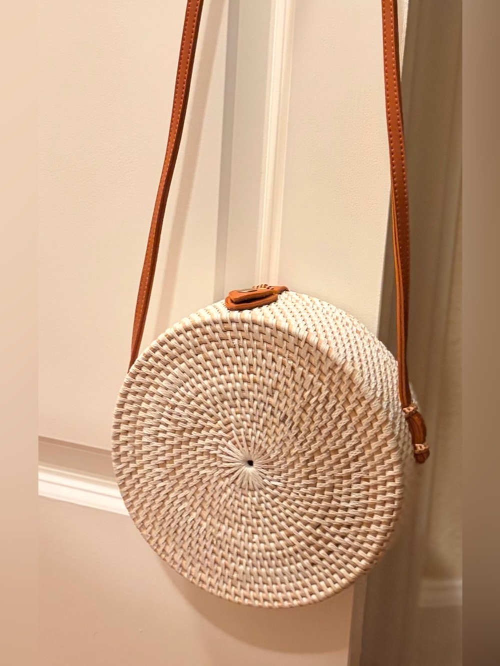 Bali 8” diameter Cream Woven Round Mini Bag with Brown leather Strap
